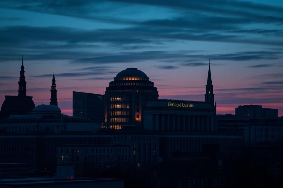 The European Central Bank district skyline at dusk