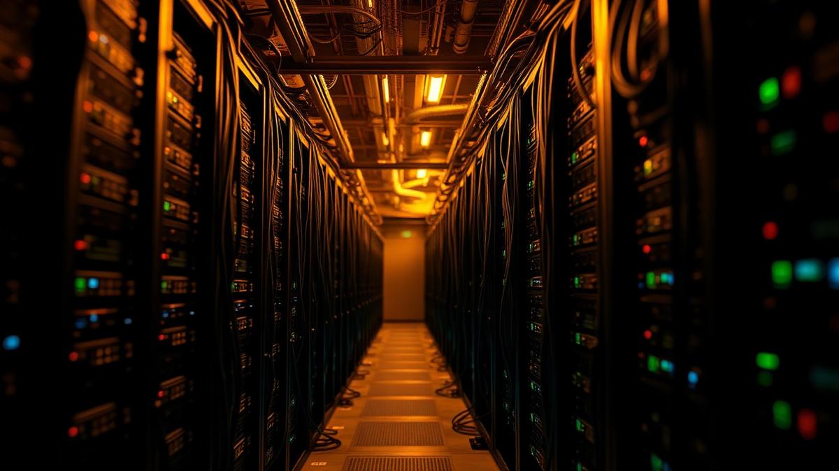 Server racks inside an industrial bitcoin mining facility lit in amber