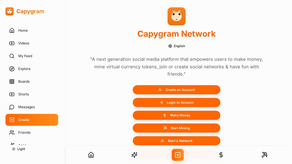 The Capygram Network home screen showing the create, mining and earnings navigation