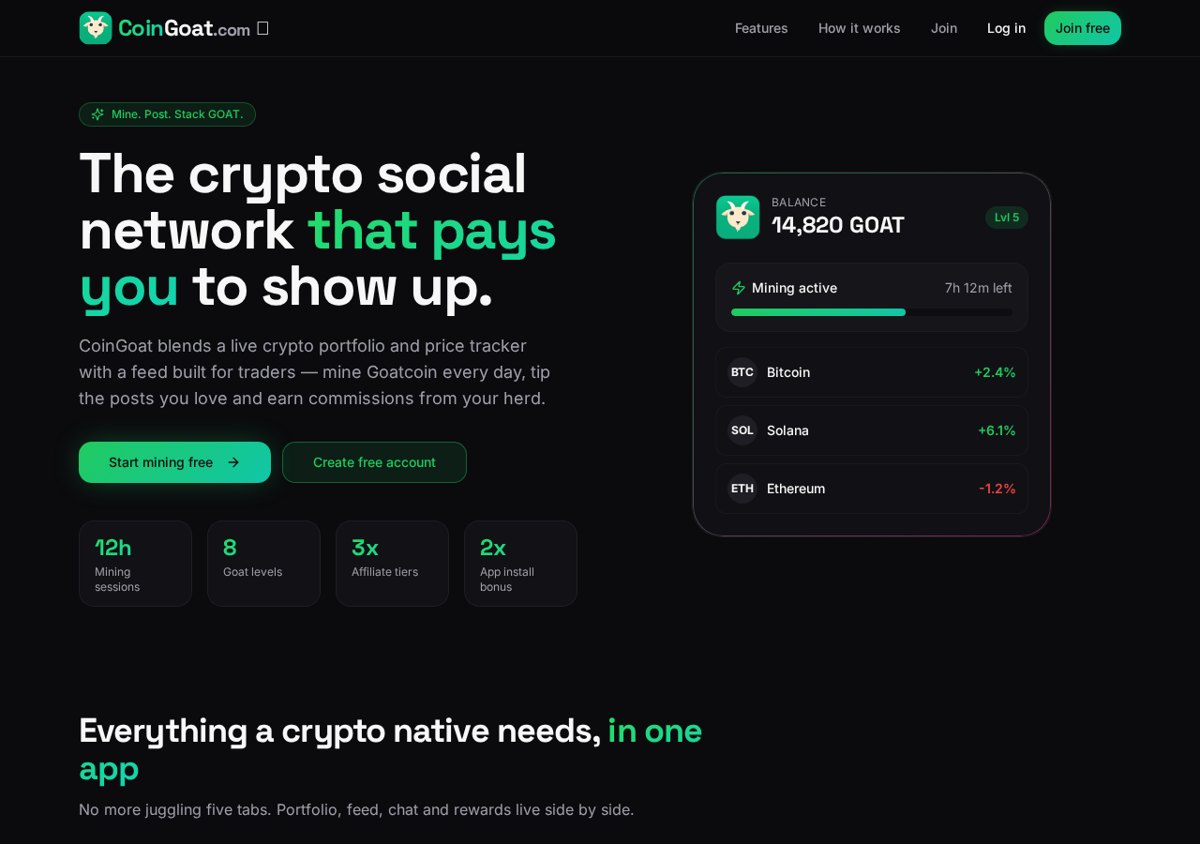 The CoinGoat.com home screen showing Goatcoin mining, live portfolio balance and price tracking