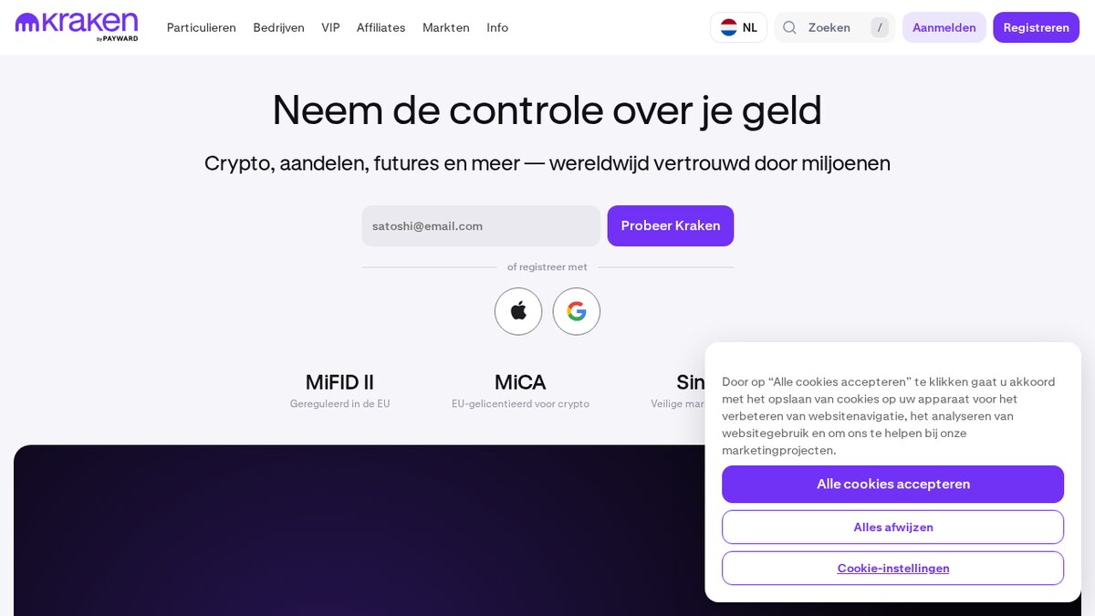 The Kraken exchange website homepage showing markets and account entry points