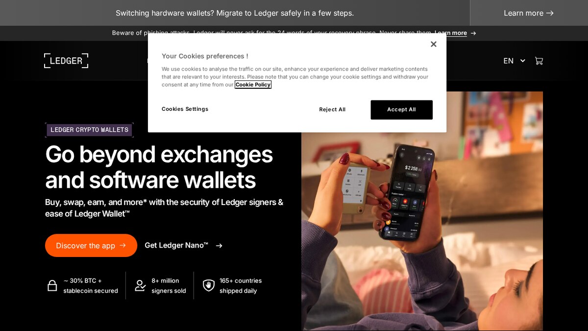 The Ledger website showing its hardware wallet product range